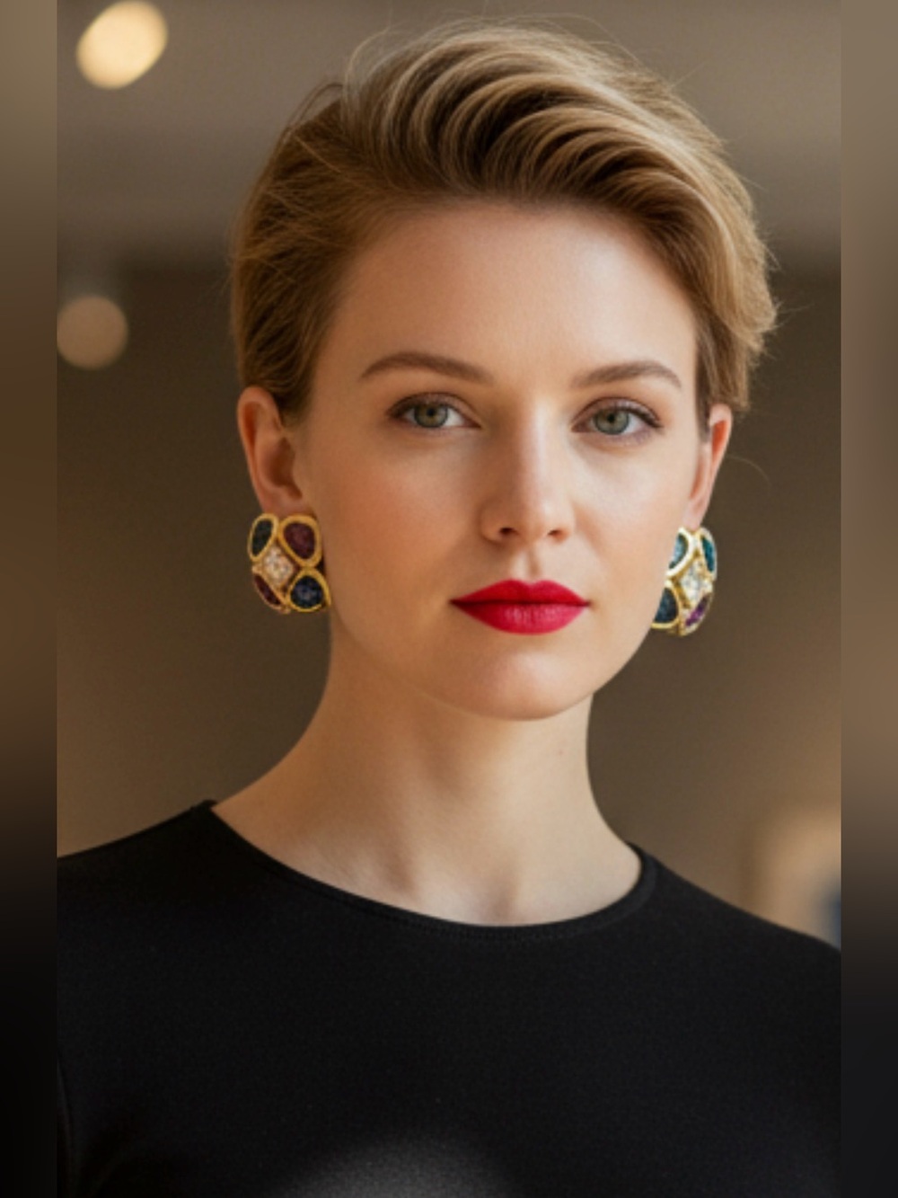 Dior Vintage Gold-Tone Multi-Gem Clip Earrings with Pink, Blue, Green Accents